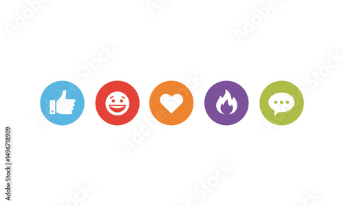 Colorful circular icons for user reactions and interactions, featuring like, dislike, star, flag, share, and happy face symbols.