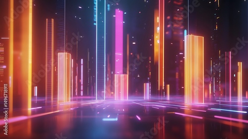 Dynamic neon financial data bars colorful glowing chart futuristic cityscape modern technology background image