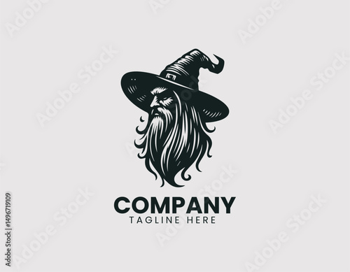Mystical Old Wizard Illustration with Pointed Hat Vector Logo Design