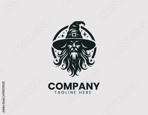 Mystical Old Wizard Illustration with Pointed Hat Vector Logo Design