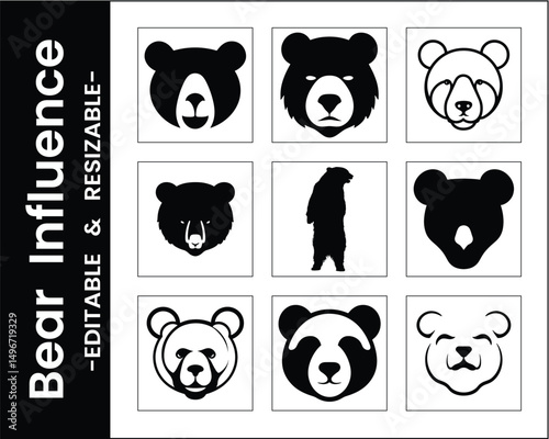 Vector Illustration Of Various Bear Species And Styles In Black And White Graphic Design