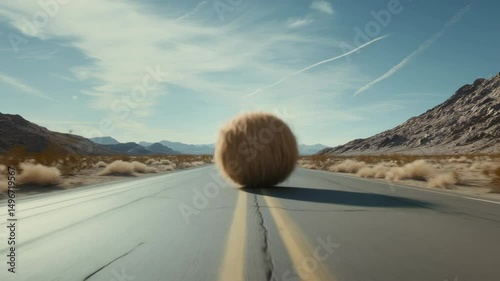 Tumbleweed rolling across desert highway under clear blue sky