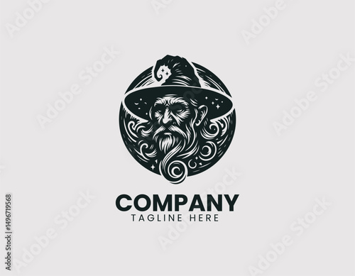 Mystical Old Wizard Illustration with Pointed Hat Vector Logo Design