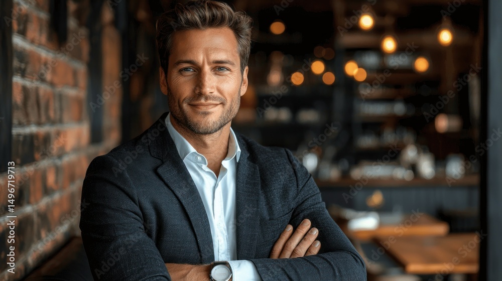 Handsome man poses against brick wall in cafe