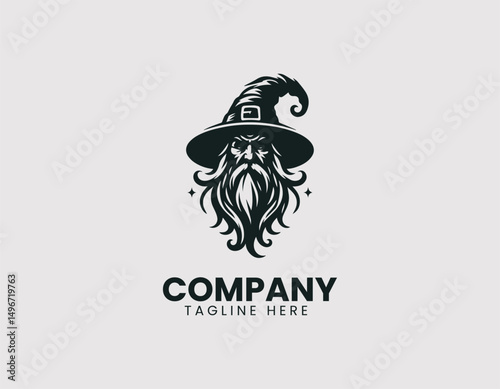 Mystical Old Wizard Illustration with Pointed Hat Vector Logo Design