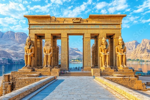 Ancient temple with tall statues near water against a beautiful sky with mountains in the distance