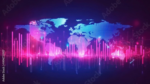 Global market growth, data visualization, digital background, neon light, financial analysis