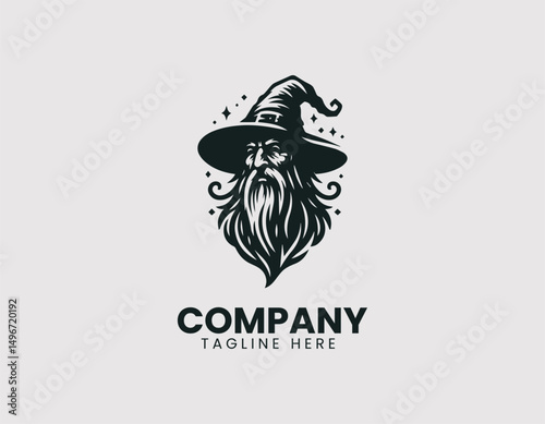 Mystical Old Wizard Illustration with Pointed Hat Vector Logo Design