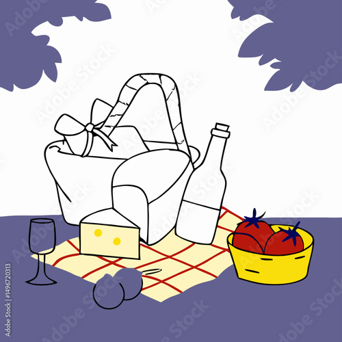 Summer Picnic Basket with Cheese, Wine, and Tomatoes