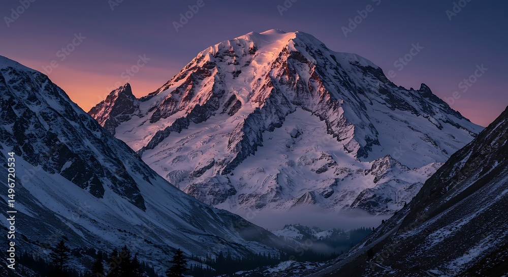 Fototapeta premium Snowy Mountain Peak at Sunset with Valley View