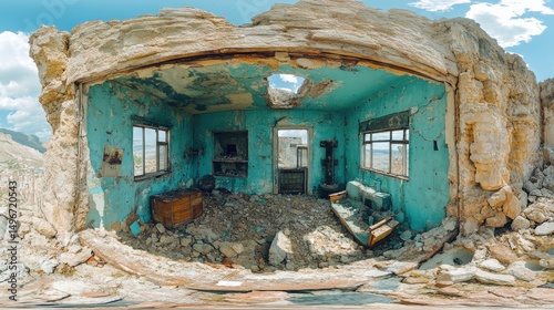 Ruined room, azure walls, rubble floor, mountain view, sunny. Weathered remains of what was once a living space