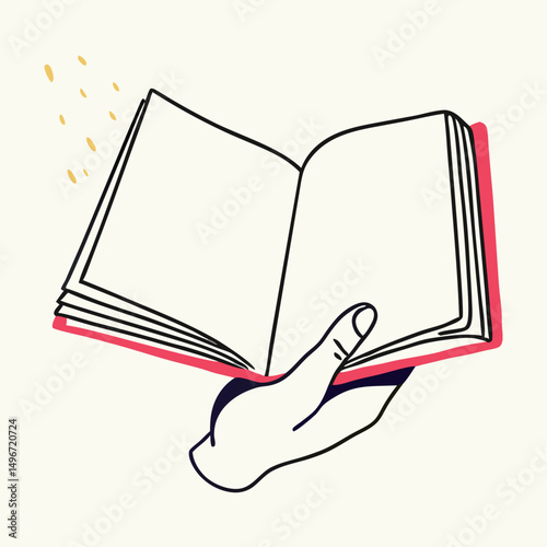 Hand Holding Open Book, Simple Line Art Illustration