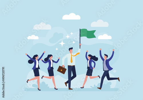 A group of young professionals enthusiastically celebrate a shared achievement, symbolizing teamwork, leadership, and collaboration in a modern business setting filled with positivity and success.