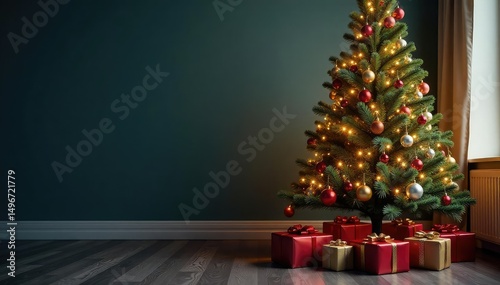 Beautifully decorated Christmas tree with gifts underneath , winter wonderland, red, lights