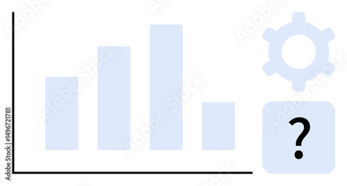 Blue bar chart, settings gear, and question mark combined for analytics, solutions, strategy, and process improvement. Ideal for data science, troubleshooting, optimization guidance