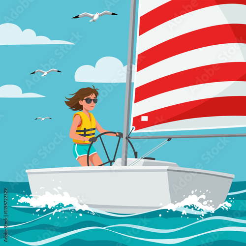 Woman Sailing on Small Sailboat with Striped Sail on Water