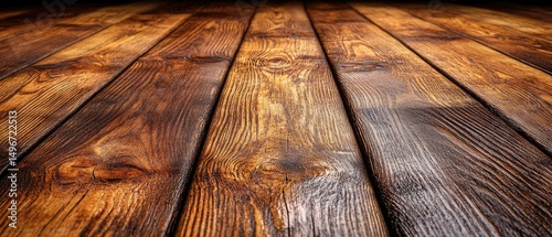 Wooden surface features textured planks with a polished dark stain, showcasing wood grain