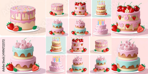 set of birthday cupcakes colorful cartoon