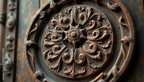 Close-up of intricate religious symbols carved in aged wood , buddhism, aged