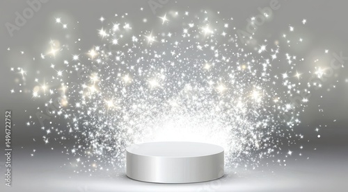 A silver cylindrical pedestal, centrally positioned, is dramatically illuminated from below by a burst of bright, sparkling particles