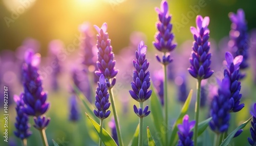 Close-up of vibrant purple lavender flowers in full bloom, bathed in sunlight , spa, lavender scent