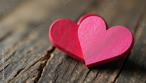 Close-up of two intertwined hearts, one red, one pink, on a rustic wooden background , affection, wood