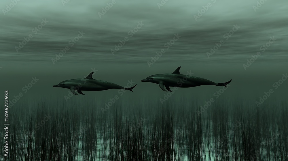 Fototapeta premium Dolphins swimming with dark ocean.
