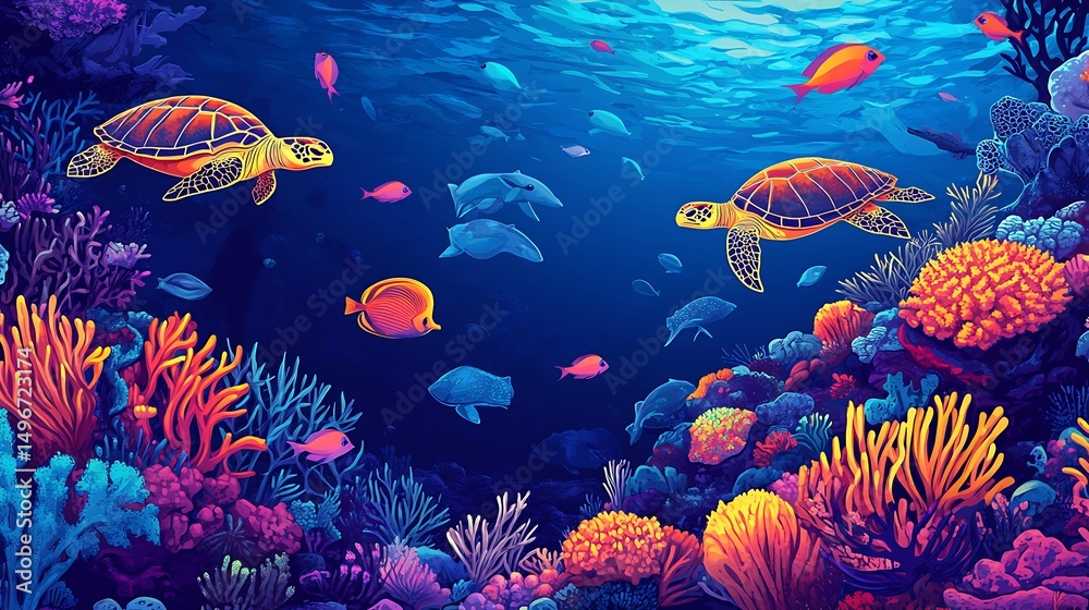 Obraz premium Vibrant underwater scene of a colorful coral reef.