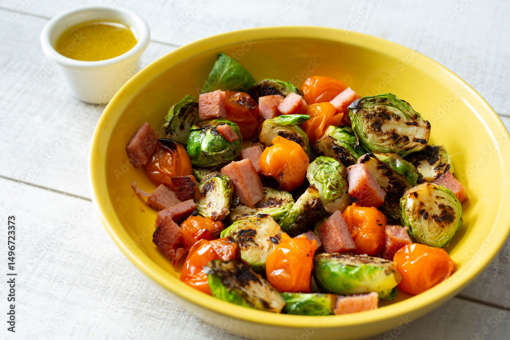 A view of a plate of marinated Brussel sprouts. A view of a plate of marinated Brussel sprouts.