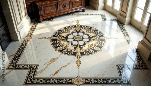 Elegant marble tile floor, intricate pattern, polished surface, luxurious design , overhead, pattern