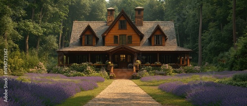 Wooden cabin style home with lavender field and forest background in the countryside