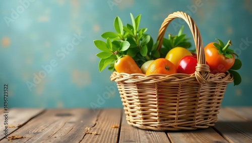 Empty woven shopping basket on a rustic wooden surface, ready for groceries , antique, texture, craft