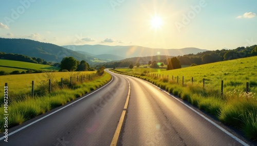 Empty cycling road winding through scenic countryside, sunlit, perfect for cycling , travel, path