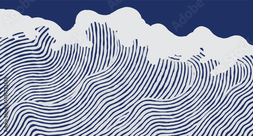 Crafted hand drawn brush lines abstract big waves in the ocean pattern, Japanese and ethnic wood carving texture background in white and blue, simple graphic for textile, carpet, decoration