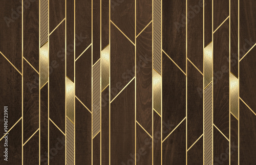 Fototapeta Naklejka Na Ścianę i Meble -  3d modern mural wallpaper . Golden lines in dark wooden background . for interior wall home decor	

