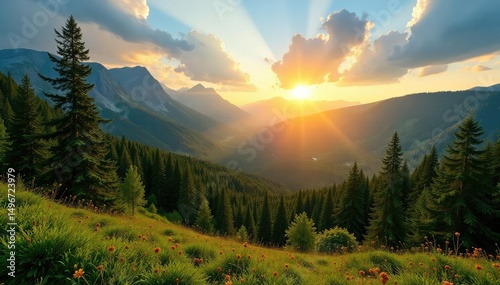 Golden hour sunlight illuminates a vibrant Canadian landscape, showcasing lush green forests and a clear blue sky , daylight scene, summer scene