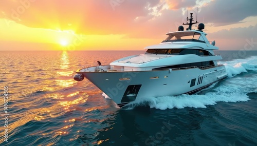 Luxury yacht at sunset, turquoise water, pristine white deck , serene, tropical