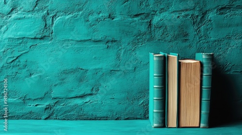 Stacked books against a teal textured brick wall, evoking knowledge, history, & learning in a simple, elegant scene