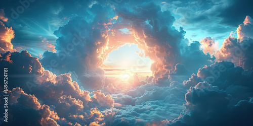 Gate of Heaven. Sky landscape with archway way path and clouds blue tone.