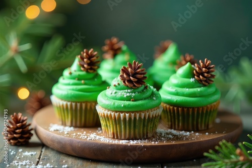 Miniature pine tree cupcakes, frosted green, decorated with edible pine cones , sweet treat, christmas
