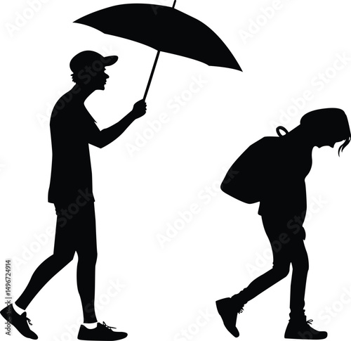 Walking Silhouette Set – Vector of Person with Umbrella and Student with Backpack in Sad Pose