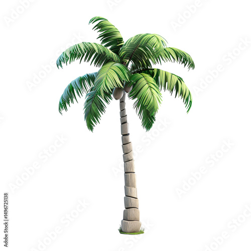 Digitally rendered palm tree with lush green leaves and a coconut on white background
