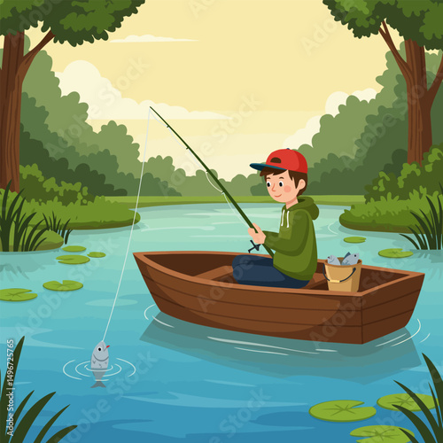 Boy Fishing From a Boat on a Calm Lake Illustration