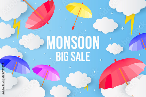 monsoon big sale background illustration in paper art style