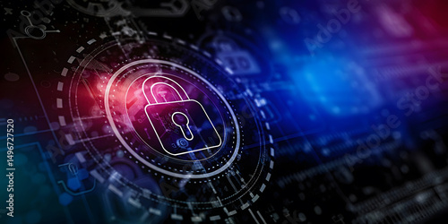 Cyber security.Digital padlock icon,Cyber security technology network data protection technology virtual dasboard. Online internet authorized access against cyber attack privacy business data concept.