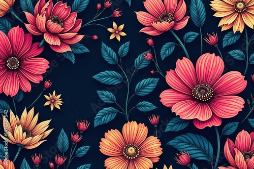 Intricate line art floral pattern, dark & light blooms, stylish, seamless