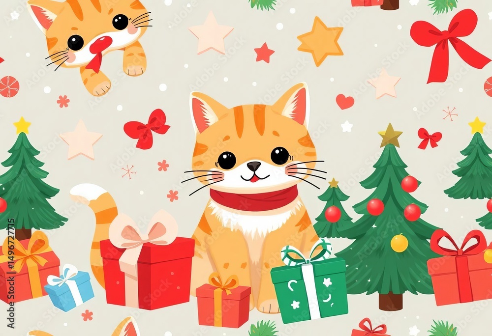 Fototapeta premium Seamless kawaii cat Christmas pattern; cheerful festive design with gifts & trees, cartoon, happy