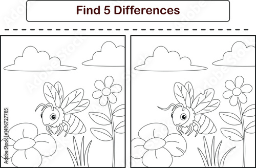 Funny cartoon bee. Find 5 differences. Kids Education games. Cartoon vector illustration
