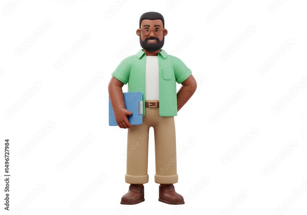 Obraz premium 3D Illustration of Cartoon man with beard holding clipboard isolated on white background