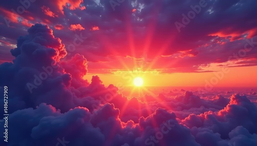 Vibrant sunset colors paint the sky with dramatic clouds , peaceful, fiery, evening